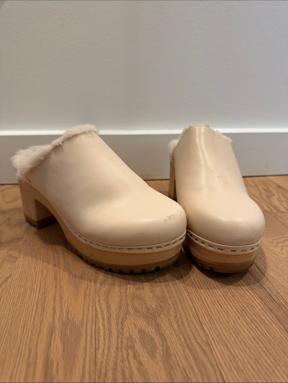 Madden Girl Cream Faux Fur Platform Mules